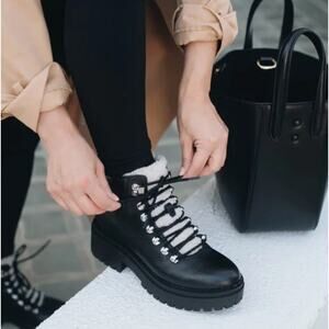 Marc Fisher Nairy Lace-Up White Shearling Lug Sole Bootie Black Leather 8.5